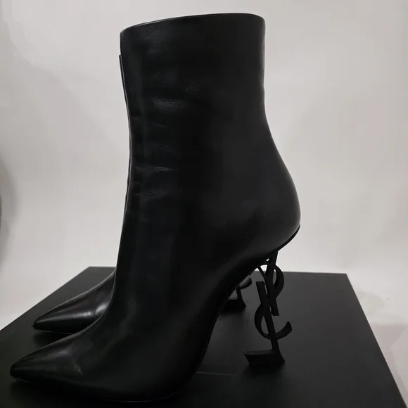 Saint Laurent Opyum Black Calfskin Ankle Boots Gold Heel Women’s Size 40 - Picture 3 of 14
